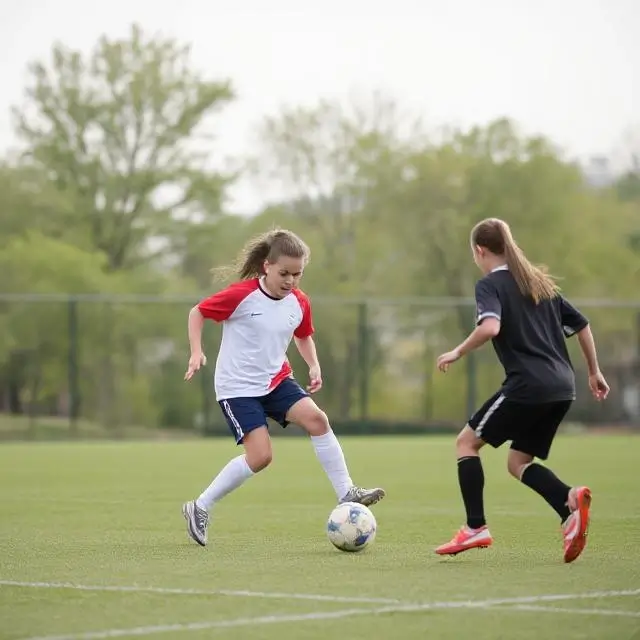 Students playing soccer on a field.
