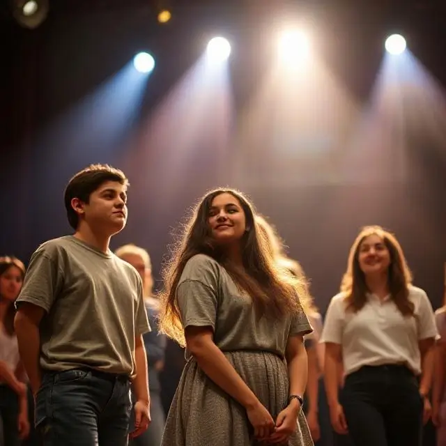Students in a theatre production on stage.