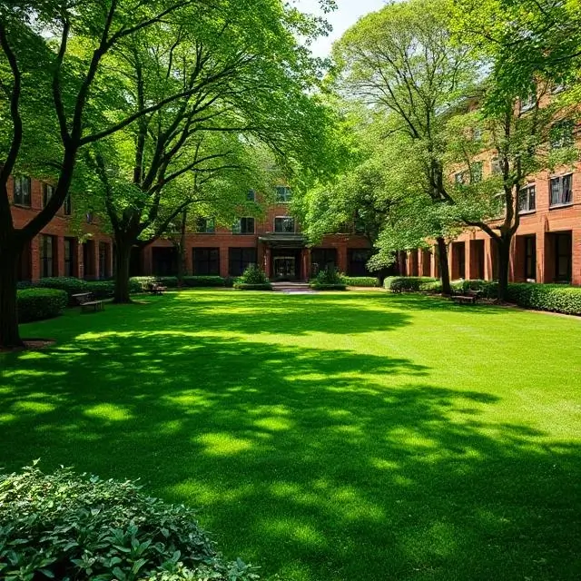 Lush green quad area for students