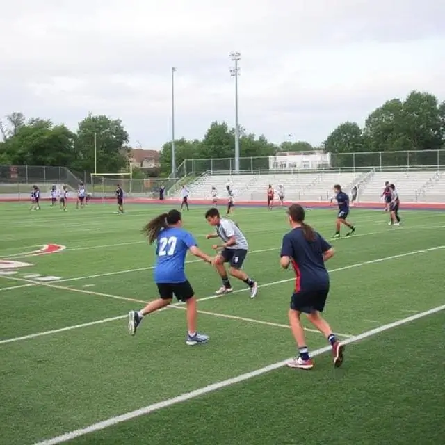 Students playing sports on an athletic field