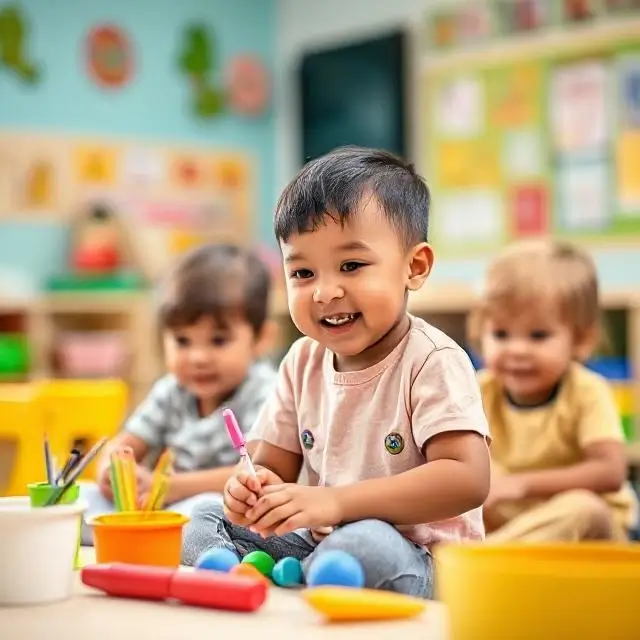 Young students learning in a vibrant, playful classroom.