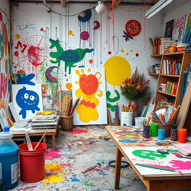 A vibrant and messy art studio