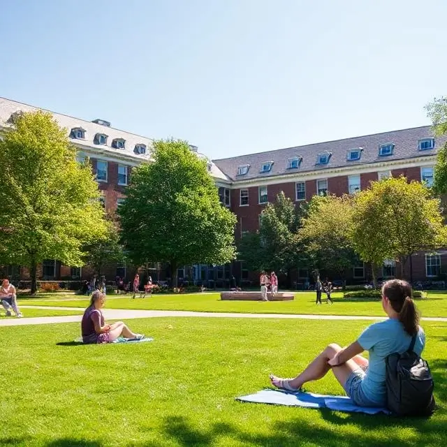 Students relaxing on the sunny campus quad