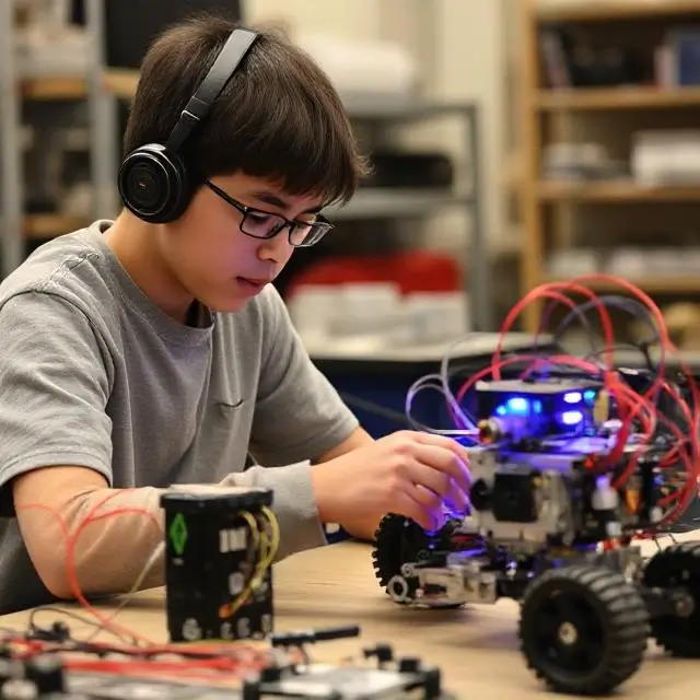 A student working on a complex robotics project