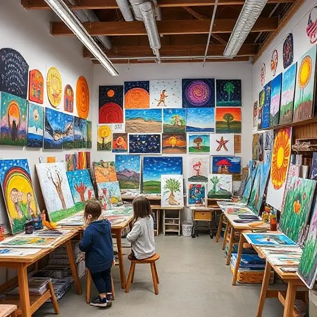 A vibrant art studio filled with student work