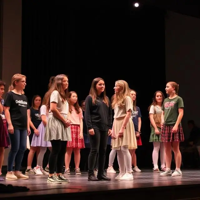 Students performing on stage in a theatre production
