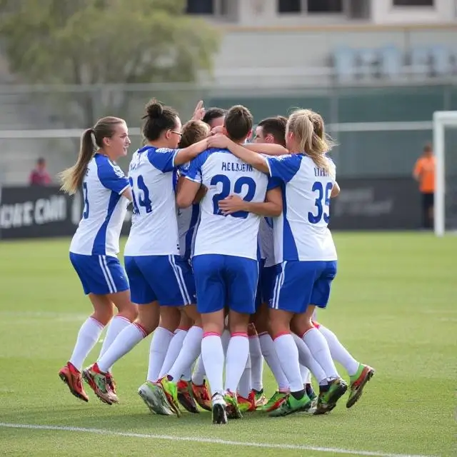 A soccer team celebrating a goal