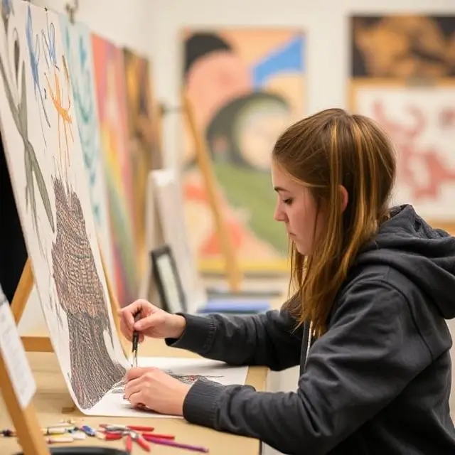 Student engaged in art