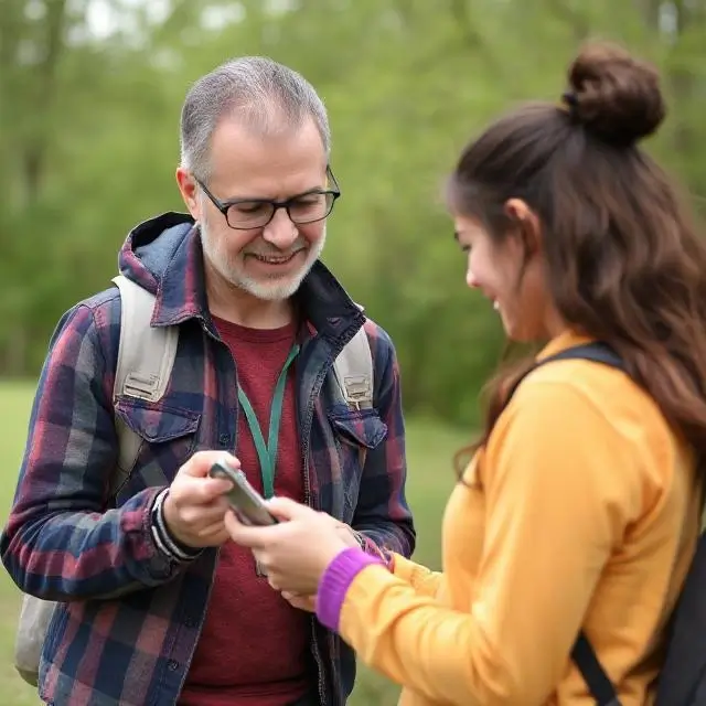 A teacher mentoring a student outdoors.
