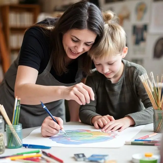 An art teacher helping a student with a project.