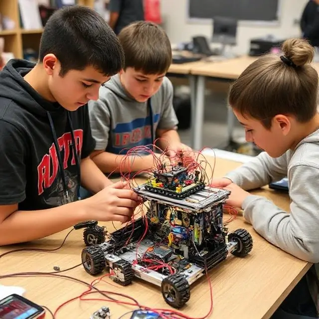 Students working with a complex robotics kit