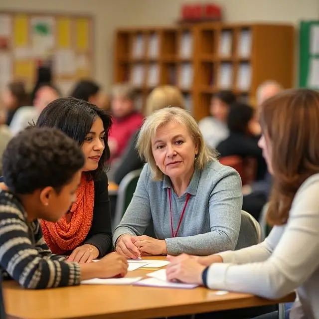 Parents collaborating at a school meeting.