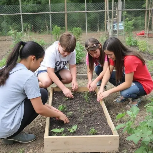 Students working on a community garden project