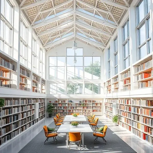 Bright and airy library.